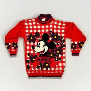 Vintage Mickey & Co Minnie Mouse Knit Sweater Red Floral Youth